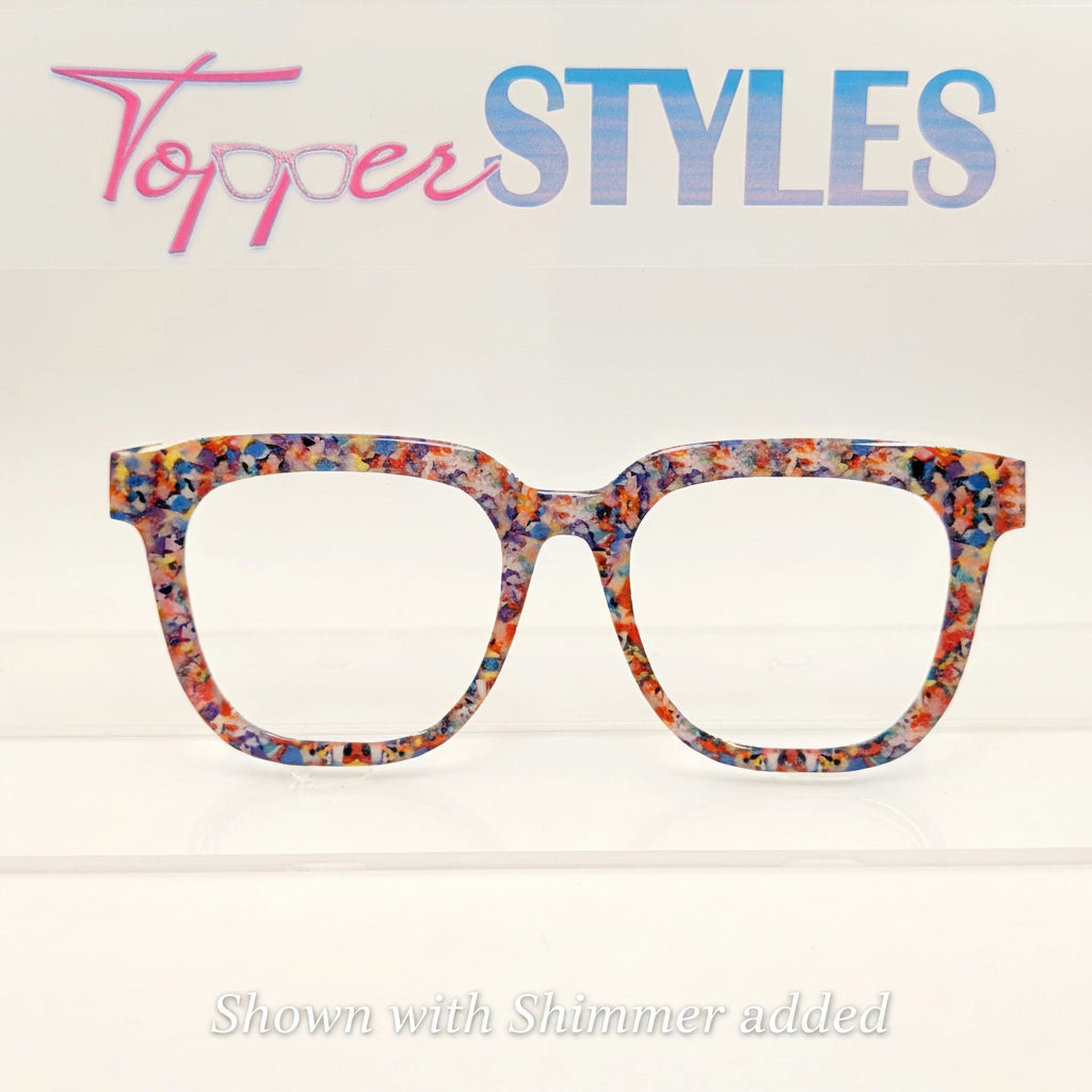 Colorful glasses with 'Topper Styles' text on a light background