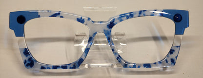 Blue and clear glasses with 'Wanda Case' label against a branded background