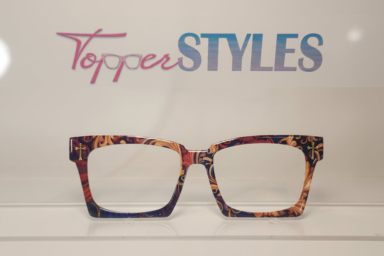 Colorful eyeglass frame with 'Topper Styles' branding on a white background