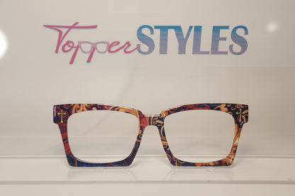 Colorful eyeglass frame with 'Topper Styles' branding on a white background