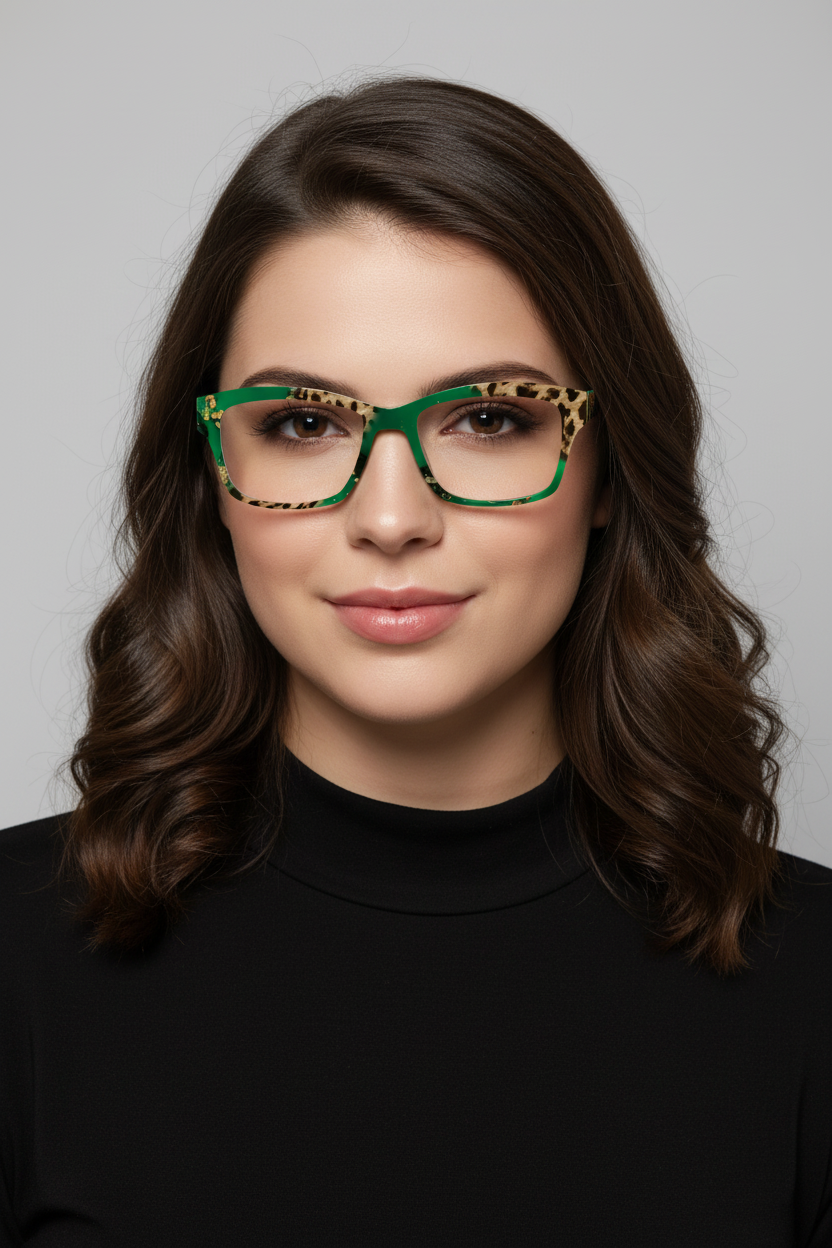 Green eyeglasses with leopard print accents 