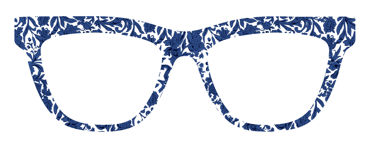 A pair of thick-framed eyeglasses with a navy blue and white floral pattern, shown against a solid white background.