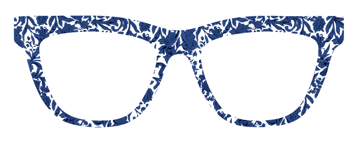 A pair of thick-framed eyeglasses with a navy blue and white floral pattern, shown against a solid white background.