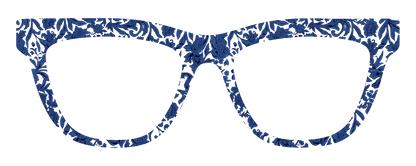 A pair of thick-framed eyeglasses with a navy blue and white floral pattern, shown against a solid white background.