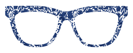 A pair of thick-framed eyeglasses with a navy blue and white floral pattern, shown against a solid white background.