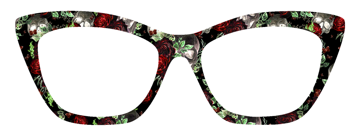 Cat-eye style eyeglasses with a black acetate frame decorated with a repeating pattern of red roses, green leaves, and gray skulls, shown against a solid white background.