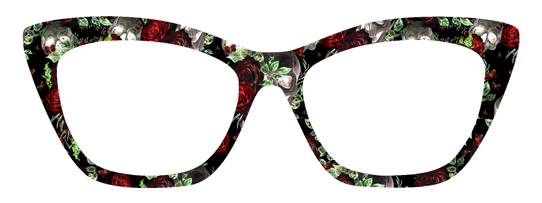 Cat-eye style eyeglasses with a black acetate frame decorated with a repeating pattern of red roses, green leaves, and gray skulls, shown against a solid white background.