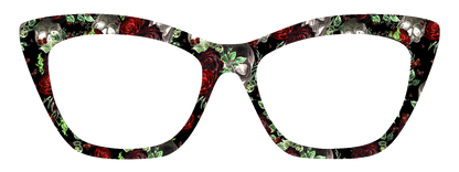 Cat-eye style eyeglasses with a black acetate frame decorated with a repeating pattern of red roses, green leaves, and gray skulls, shown against a solid white background.