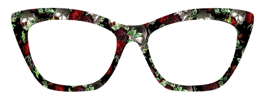 Cat-eye style eyeglasses with a black acetate frame decorated with a repeating pattern of red roses, green leaves, and gray skulls, shown against a solid white background.
