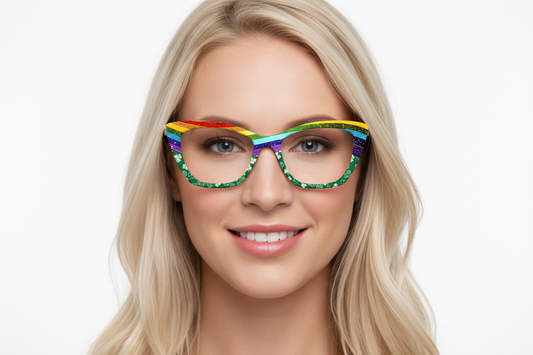 Colorful eyeglass frames with a rainbow design on a white background